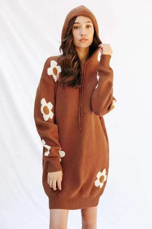 Brown Flower Hoodie Sweater Dress