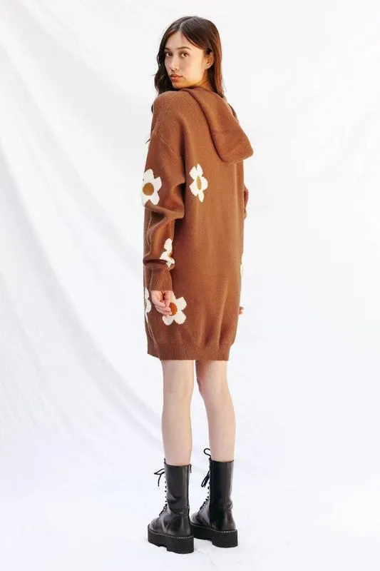 Brown Flower Hoodie Sweater Dress