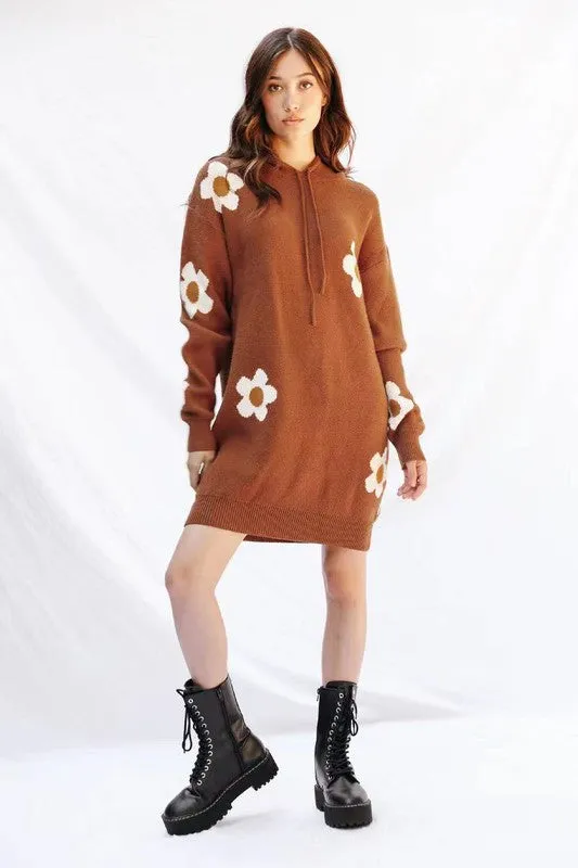 Brown Flower Hoodie Sweater Dress