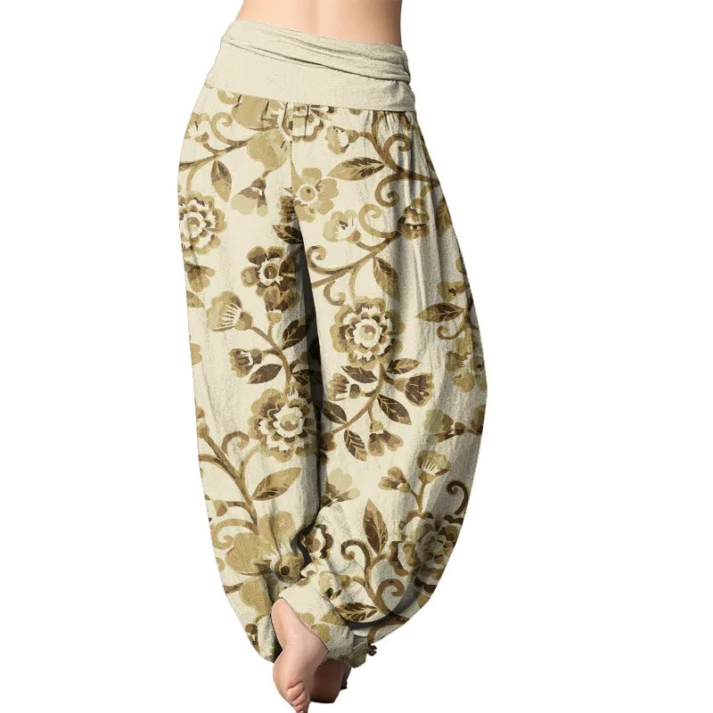 Buddha Stones  Numerous Flowers Pattern Women's Elastic Waist Harem Pants