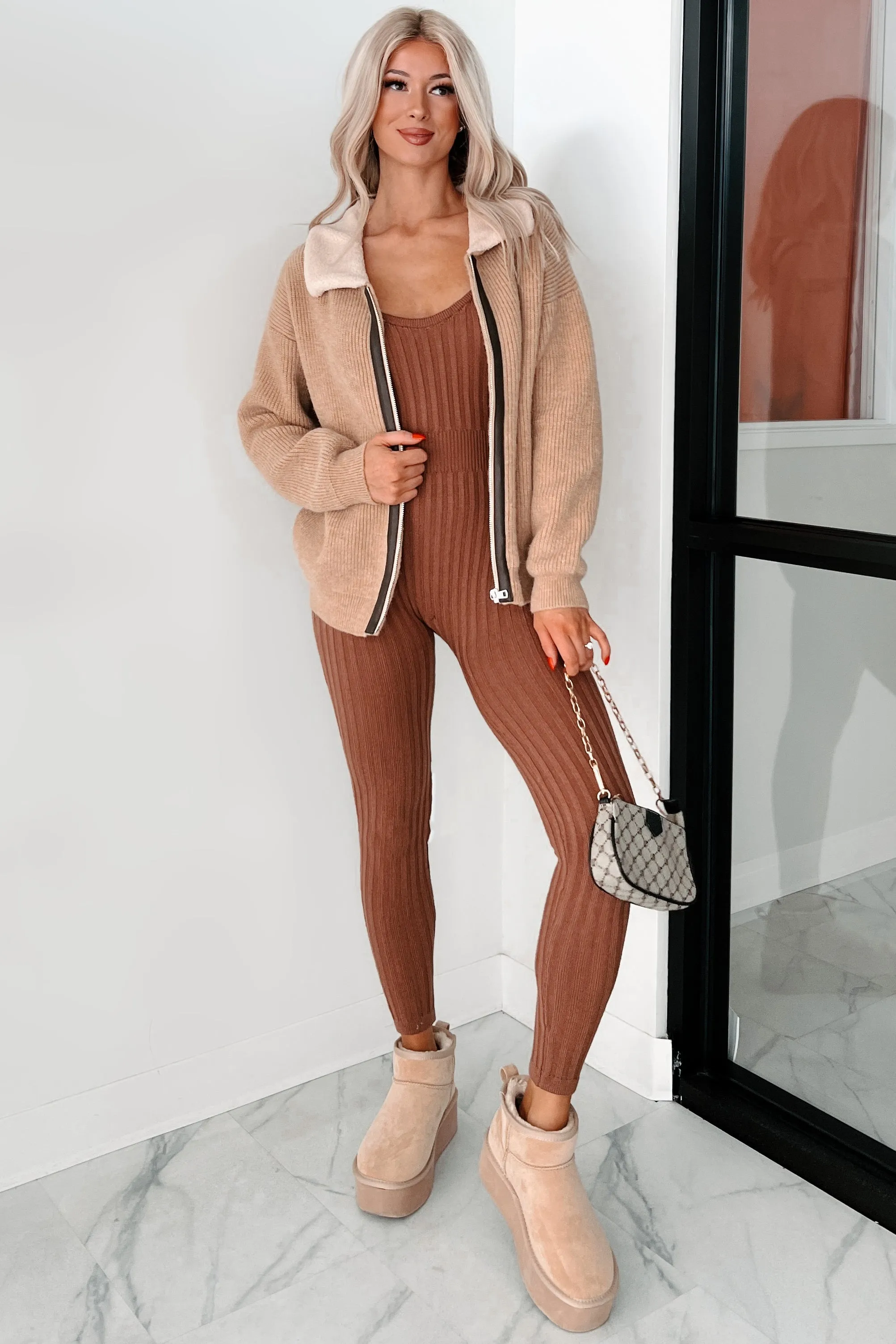 Cappuccino Cozy Sherpa Collar Sweater Jacket (Taupe)