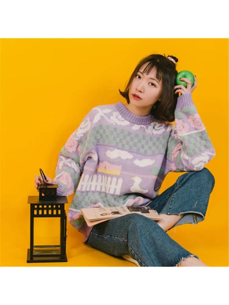 Cartoon Duck Embroidery Knitted Sweaters Winter Thick Warm Harajuku Jacquard Sweater Women Femmf Knit Pullover