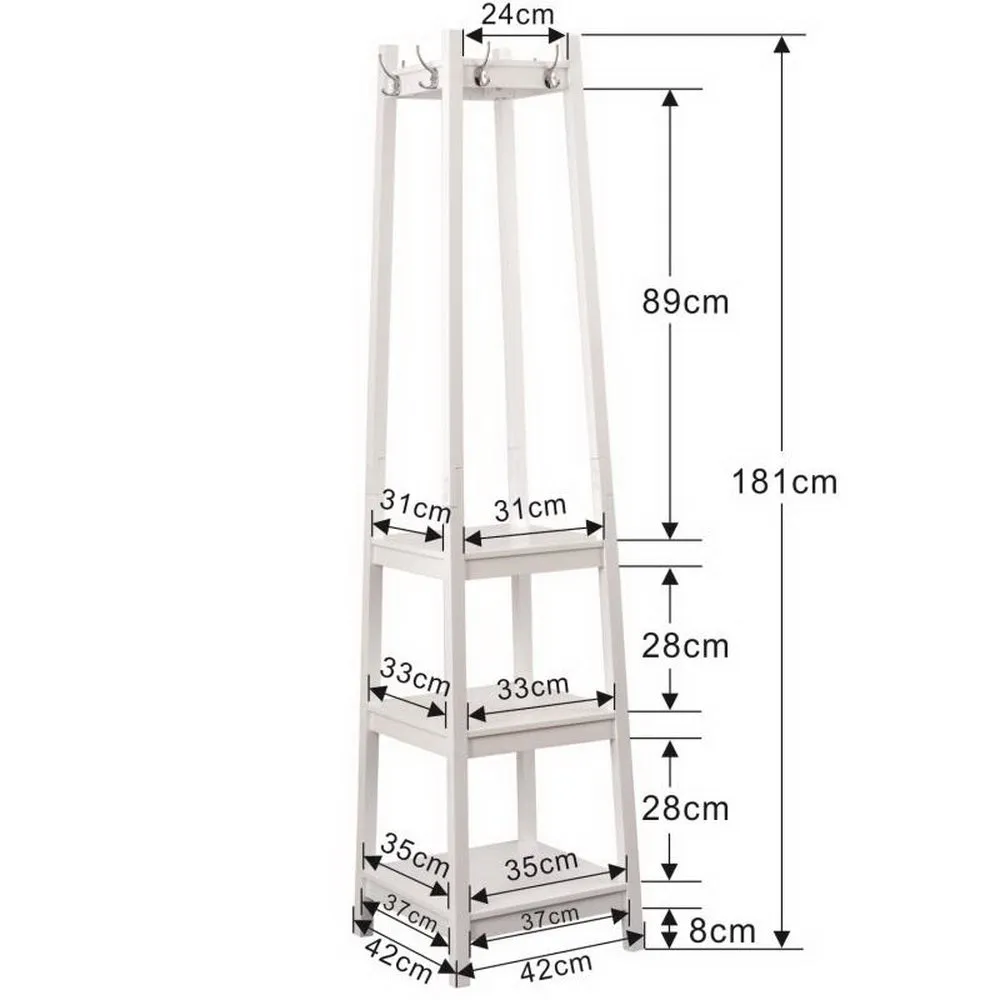 Coat Rack Stand with 8 Hooks and Storage Shelves,White