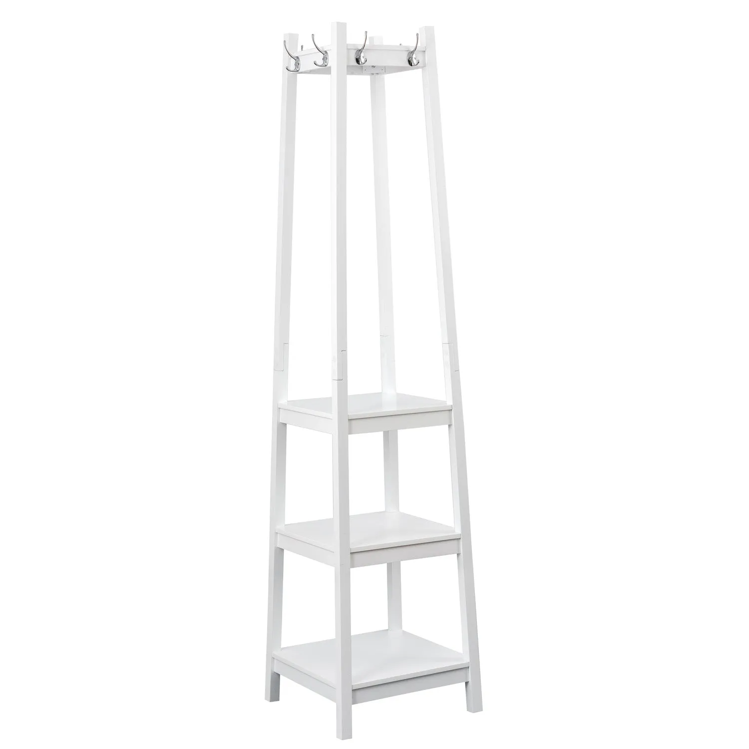 Coat Rack Stand with 8 Hooks and Storage Shelves,White