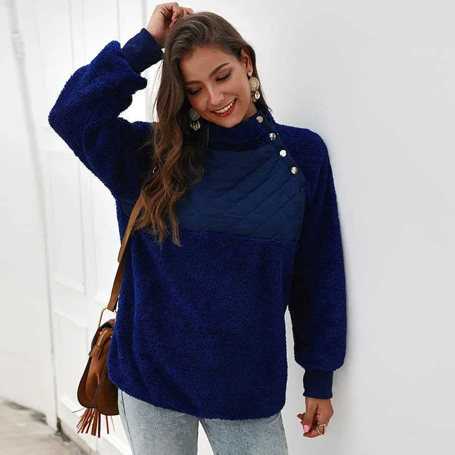 Colorblock Wubby Asymmetrical Snap Up Fleece Pullover Sweatshirt