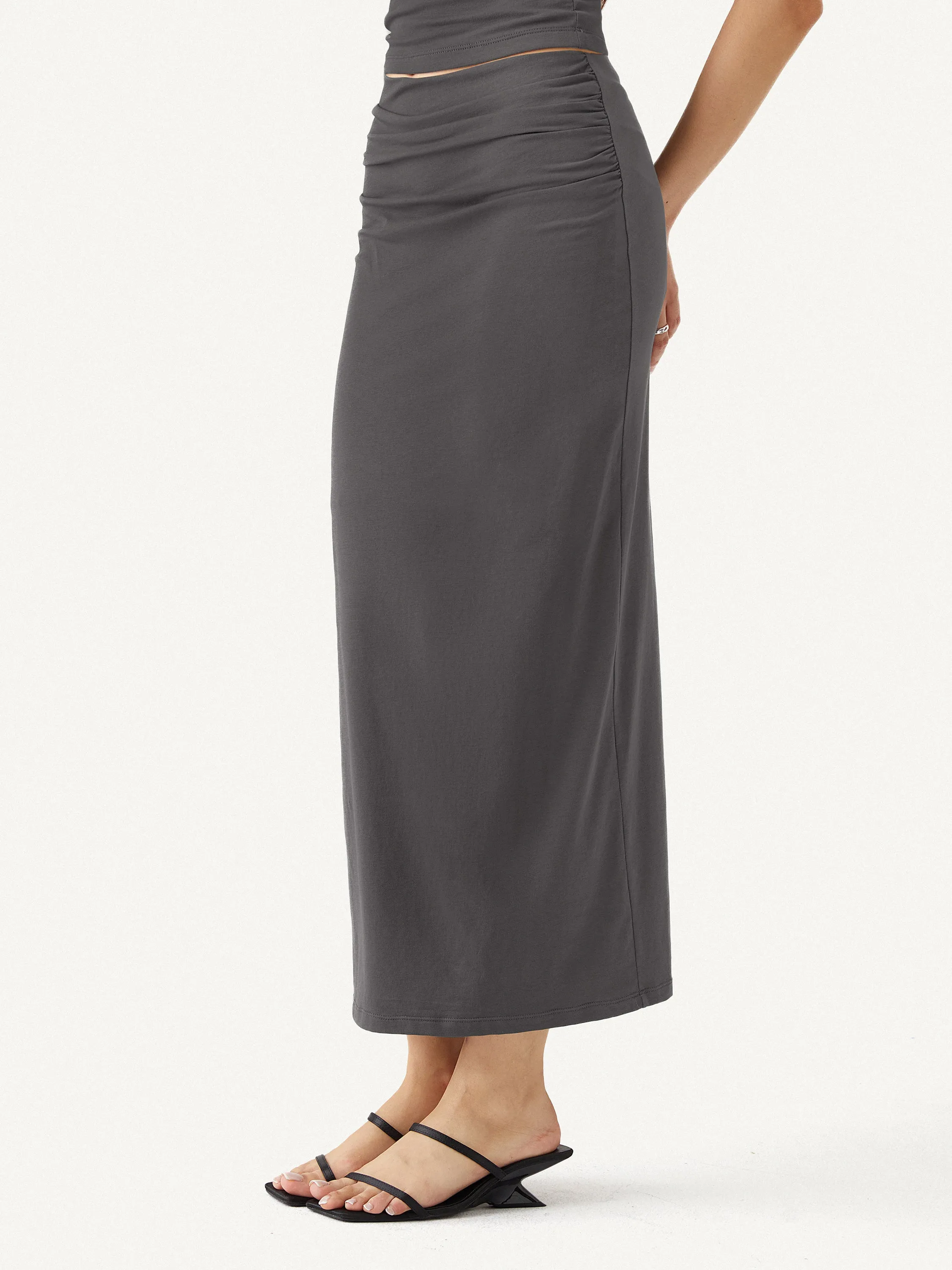 Cotton Jersey Ruched Side Pencil Maxi Skirt