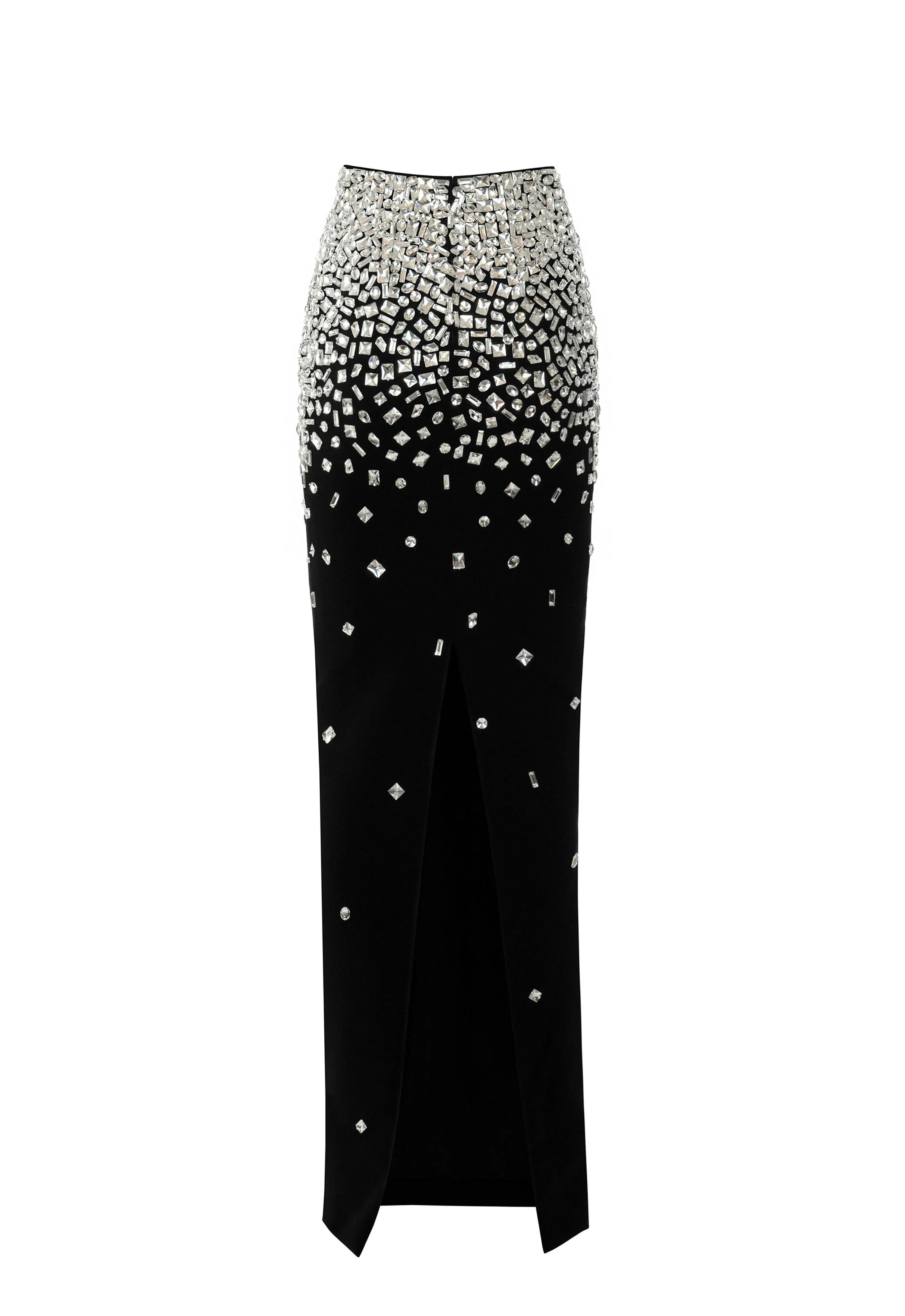 Crystal embroidered cropped top with black column skirt