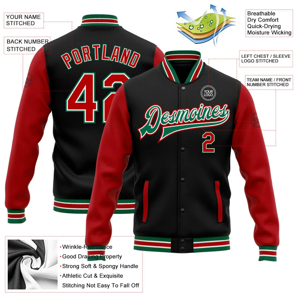 Custom Black Red-Kelly Green Bomber Full-Snap Varsity Letterman Two Tone Jacket