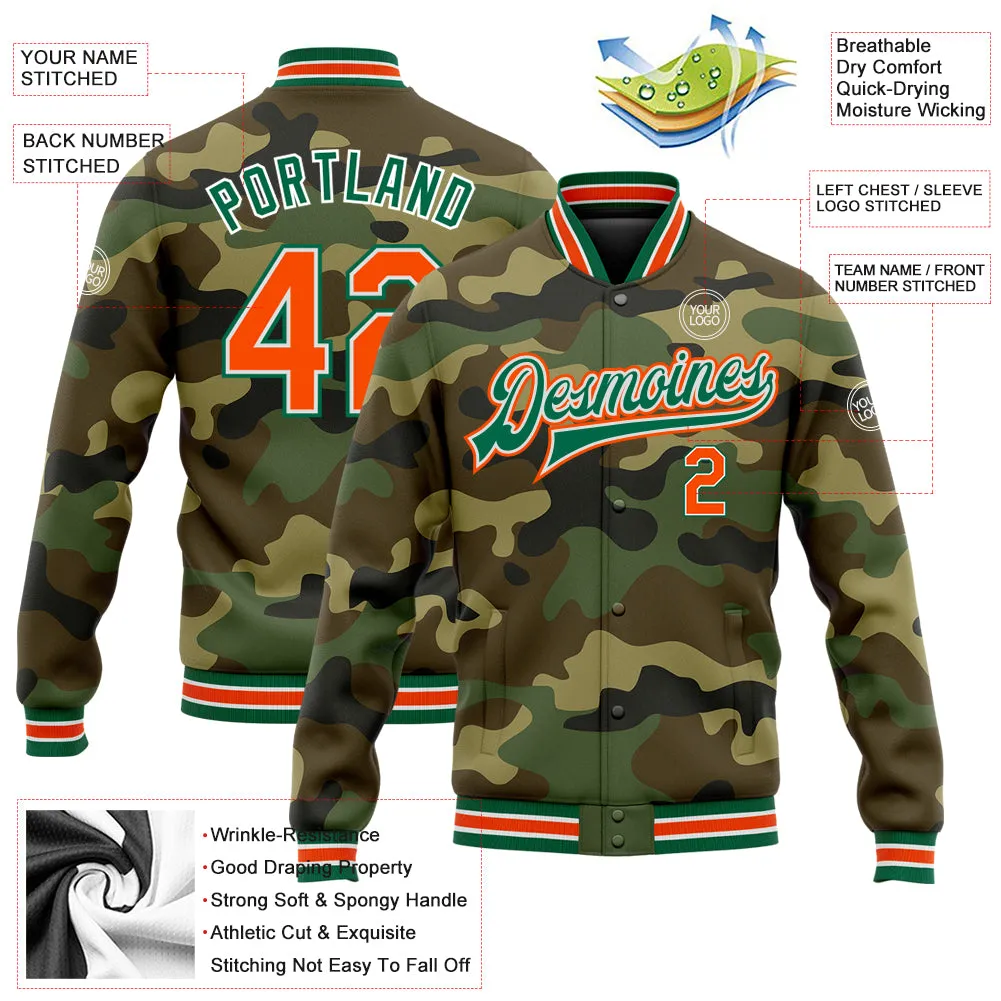 Custom Camo Orange-Kelly Green Bomber Full-Snap Varsity Letterman Salute To Service Jacket