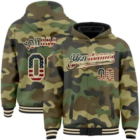 Custom Camo Vintage USA Flag Cream-Black 3D Bomber Full-Snap Varsity Letterman Salute To Service Hoodie Jacket