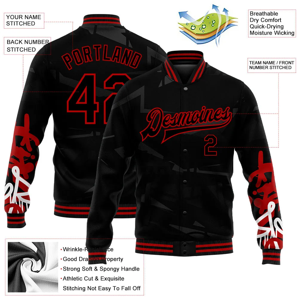 Custom Graffiti Pattern Black-Red Dark Abstract Urban Street Art 3D Bomber Full-Snap Varsity Letterman Jacket