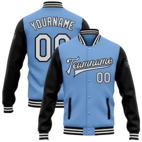 Custom Light Blue White-Black Bomber Full-Snap Varsity Letterman Two Tone Jacket