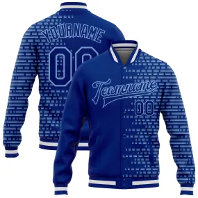 Custom Royal Light Blue-White Halftone 3D Pattern Design Bomber Full-Snap Varsity Letterman Jacket