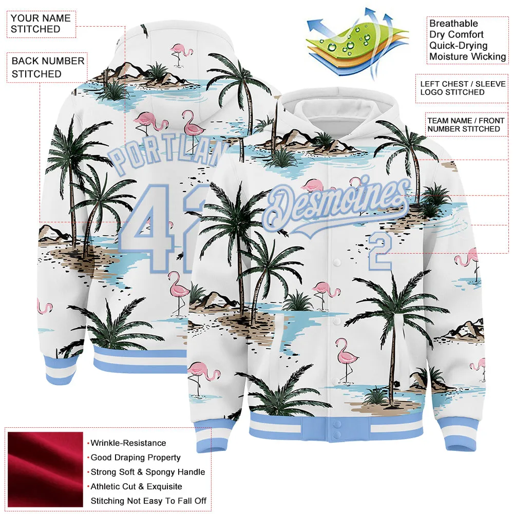 Custom White Light Blue Tropical Hawaii Palm Trees 3D Bomber Full-Snap Varsity Letterman Hoodie Jacket