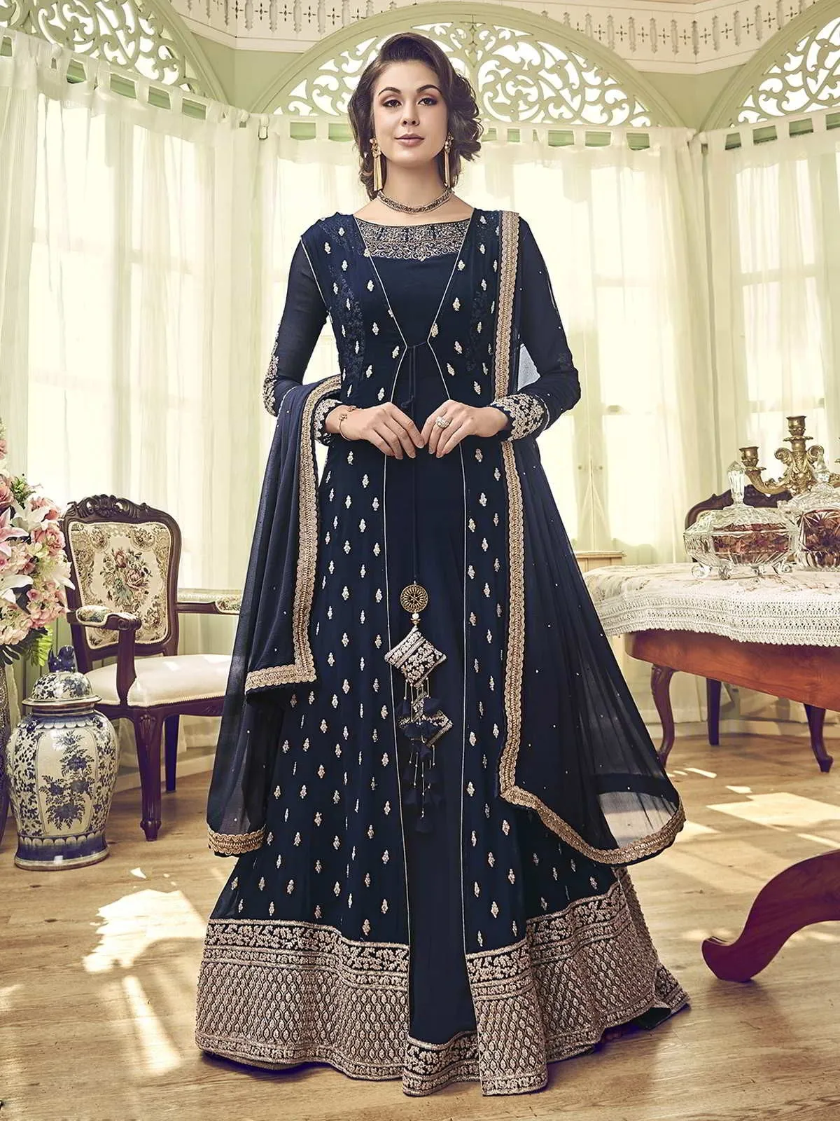 Dark Blue Overcoat Style Embroidered Anarkali Gown