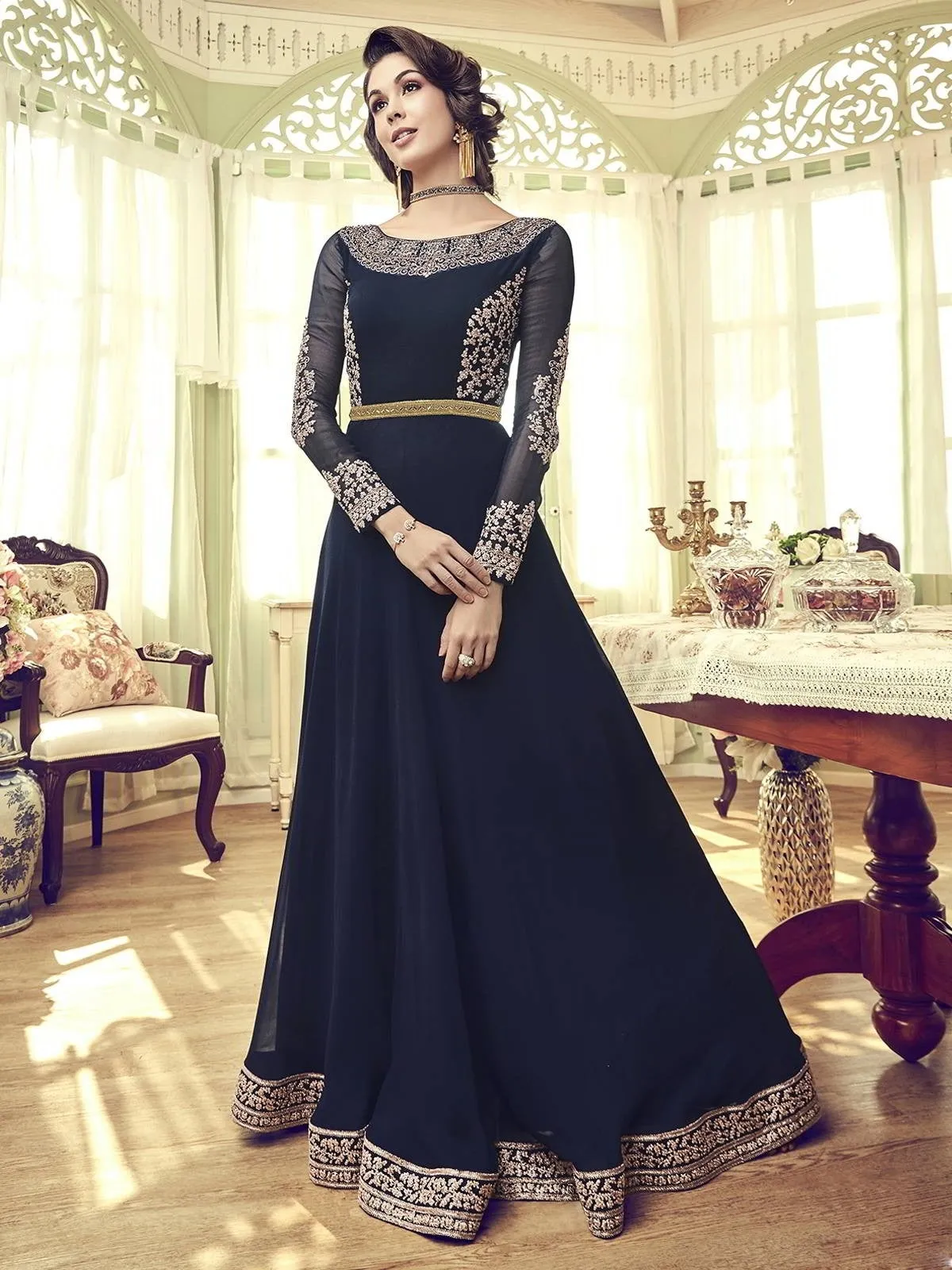 Dark Blue Overcoat Style Embroidered Anarkali Gown