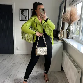 DIVINE Lime Fringe Vegan Leather Jacket