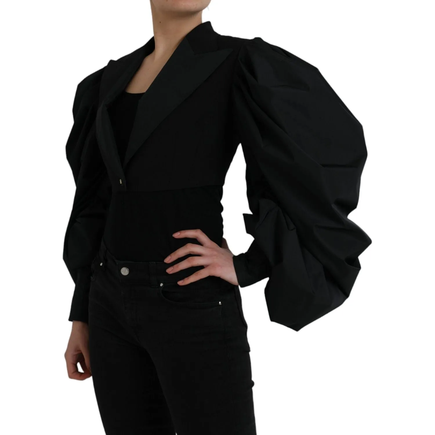 Dolce & Gabbana Black Polyester Puffed Sleeves Cropped Jacket