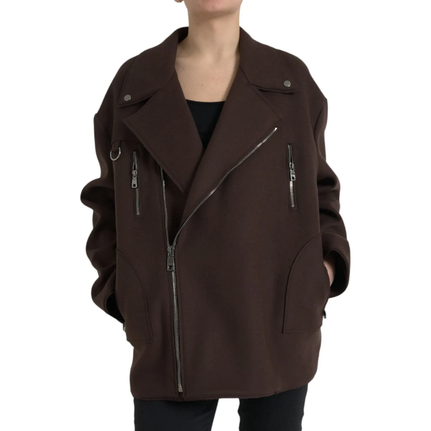 Dolce & Gabbana Brown Coat Short Biker Wool Jacket