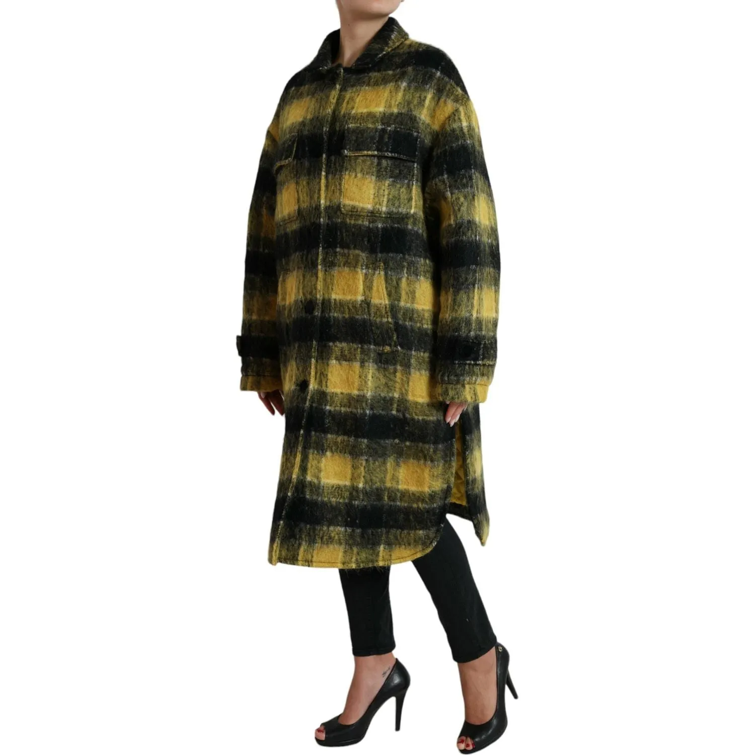 Dolce & Gabbana Chic Plaid Long Coat in Sunshine Yellow