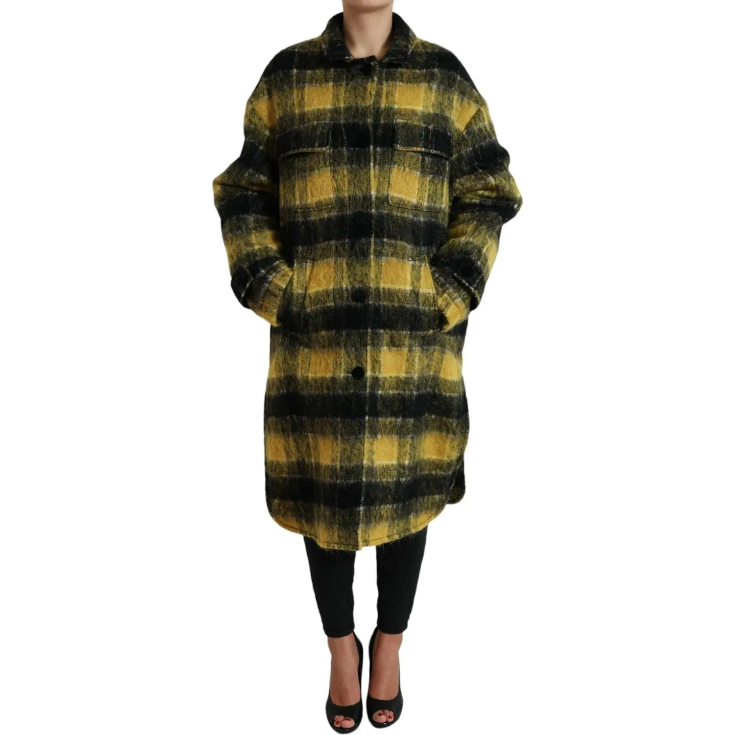 Dolce & Gabbana Chic Plaid Long Coat in Sunshine Yellow