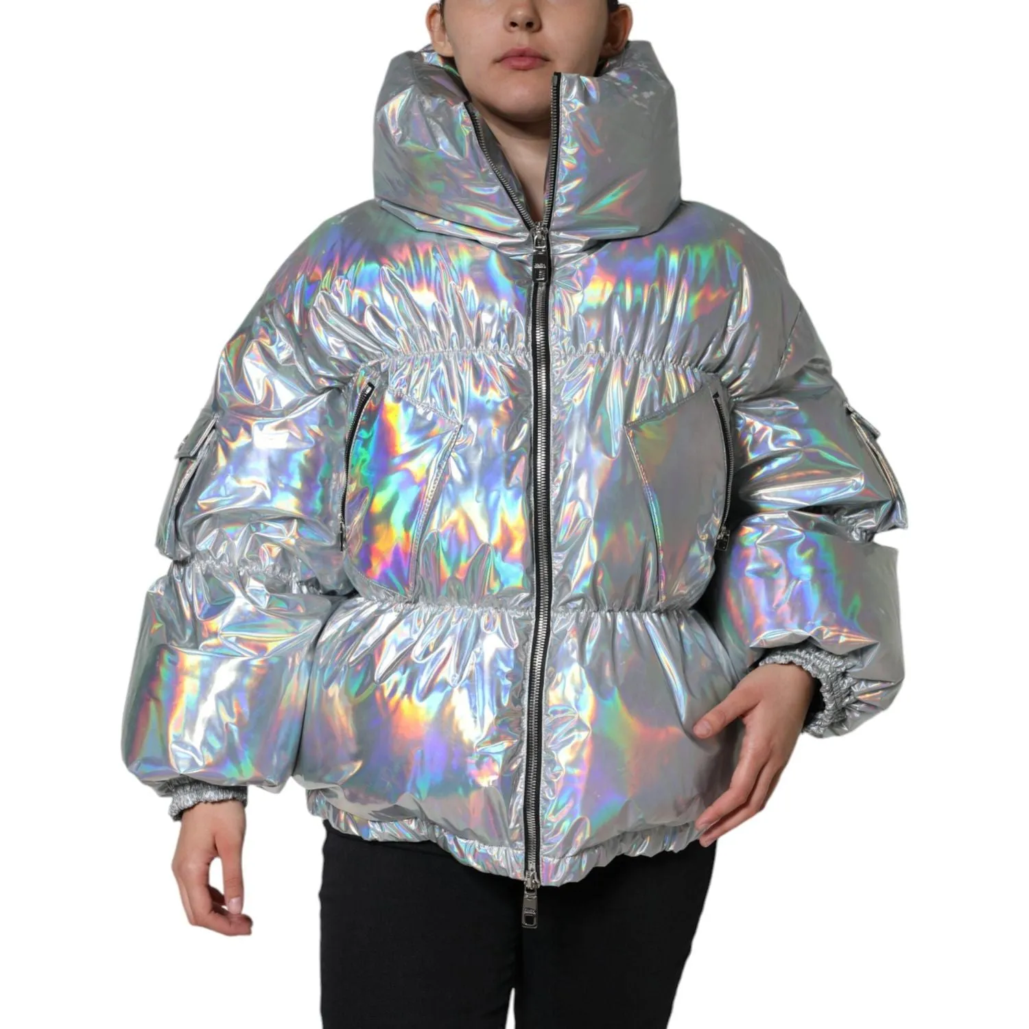 Dolce & Gabbana Silver Iridescent Puffer Full Zip Coat Jacket