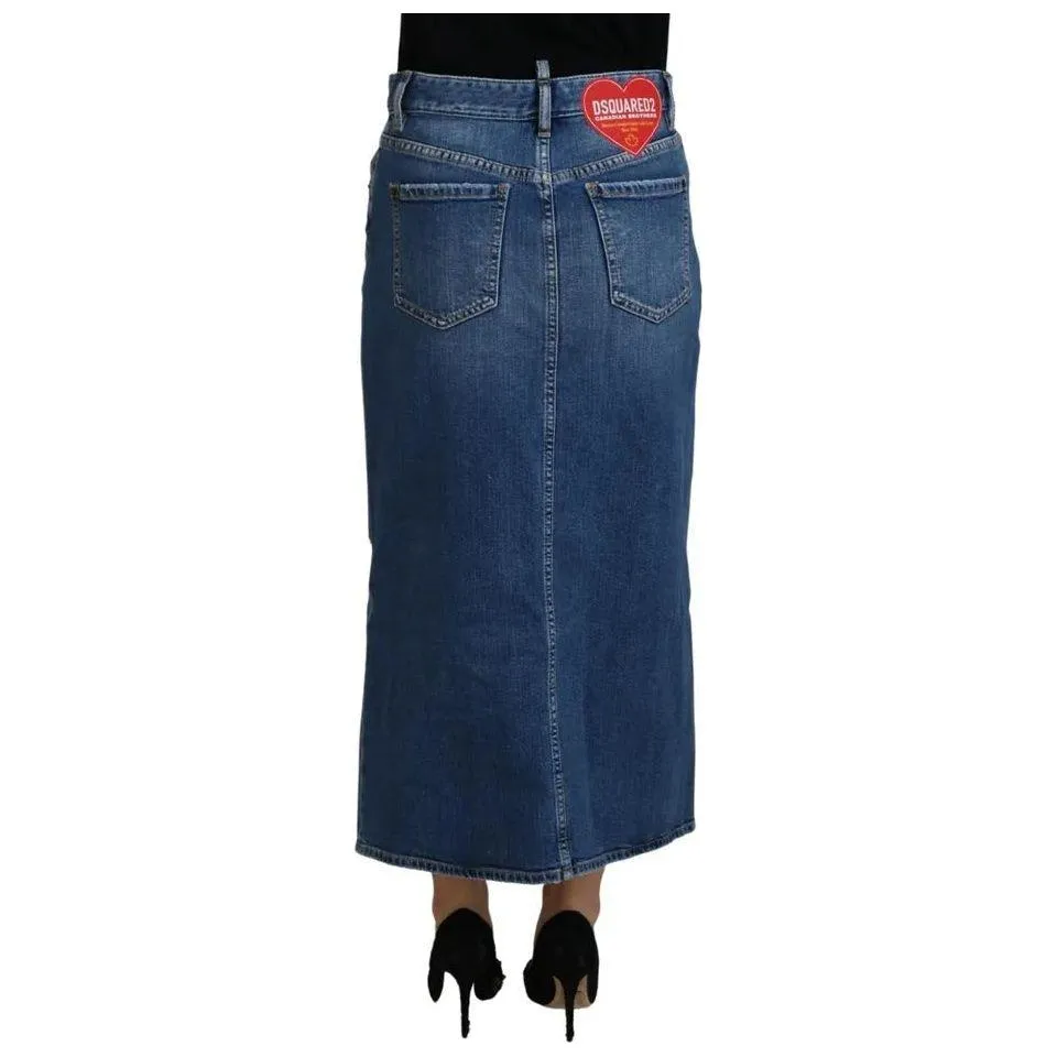 Dsquared² Blue Distressed High Waist Pencil Cut Denim Skirt