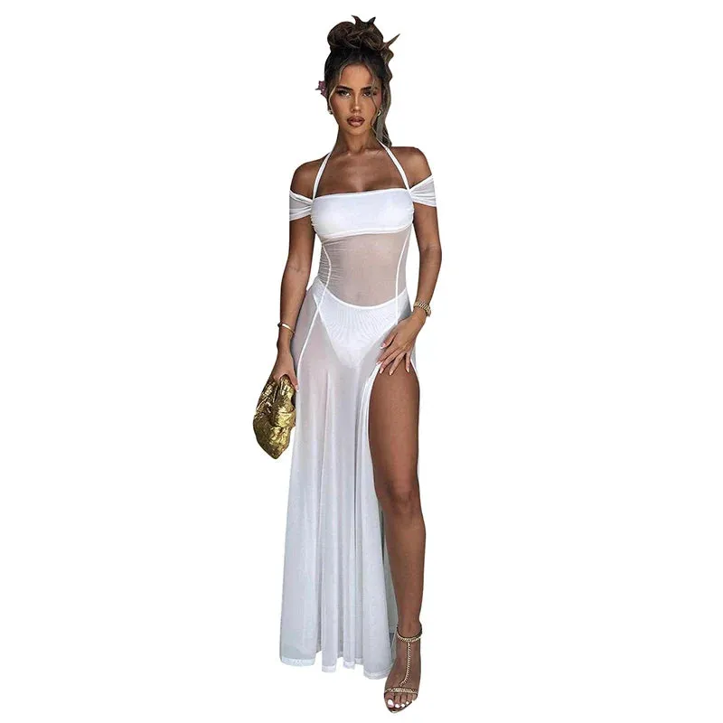 Elegant Summer Halter Neck Mesh See Through Maxi Dress