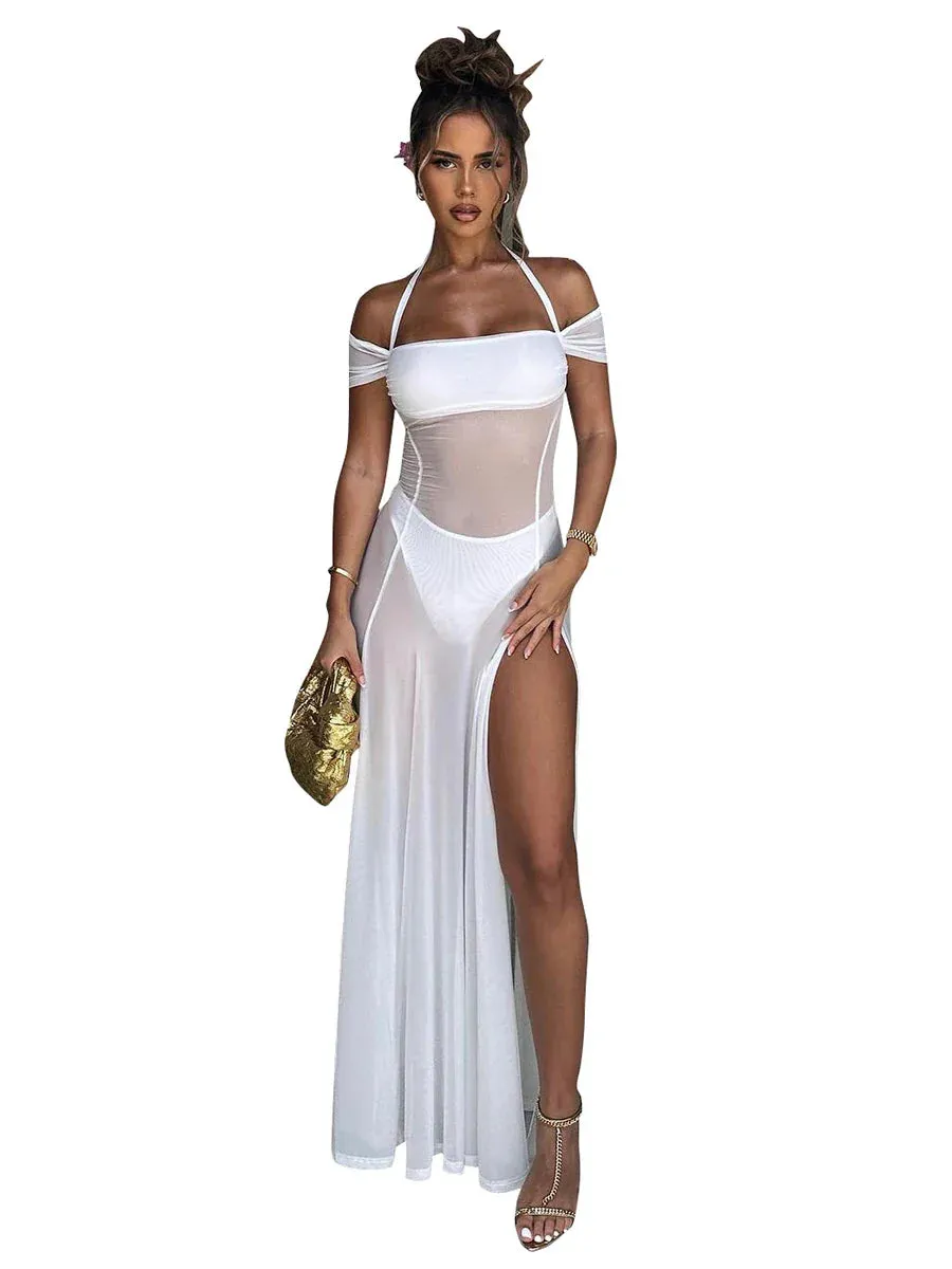 Elegant Summer Halter Neck Mesh See Through Maxi Dress