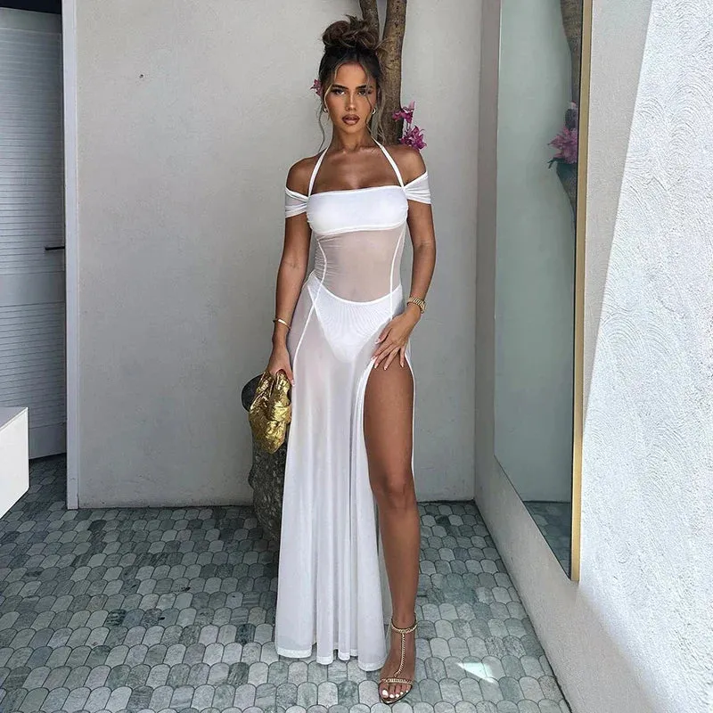 Elegant Summer Halter Neck Mesh See Through Maxi Dress