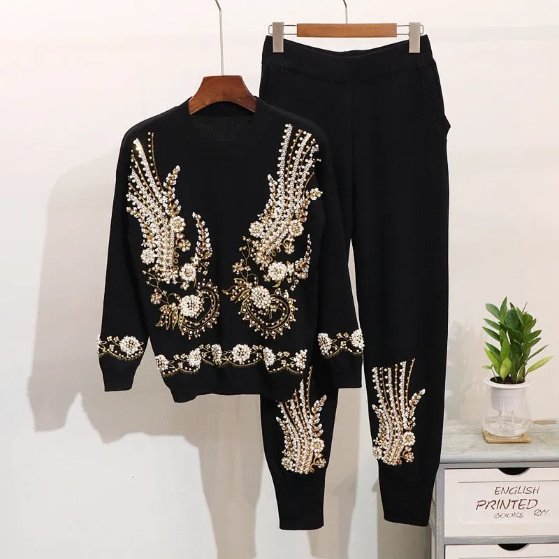 Embellished Knitted Pullover Sweater and Pants Set