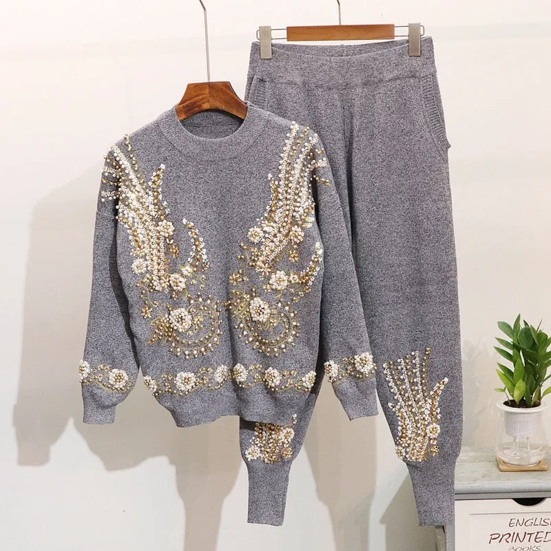 Embellished Knitted Pullover Sweater and Pants Set