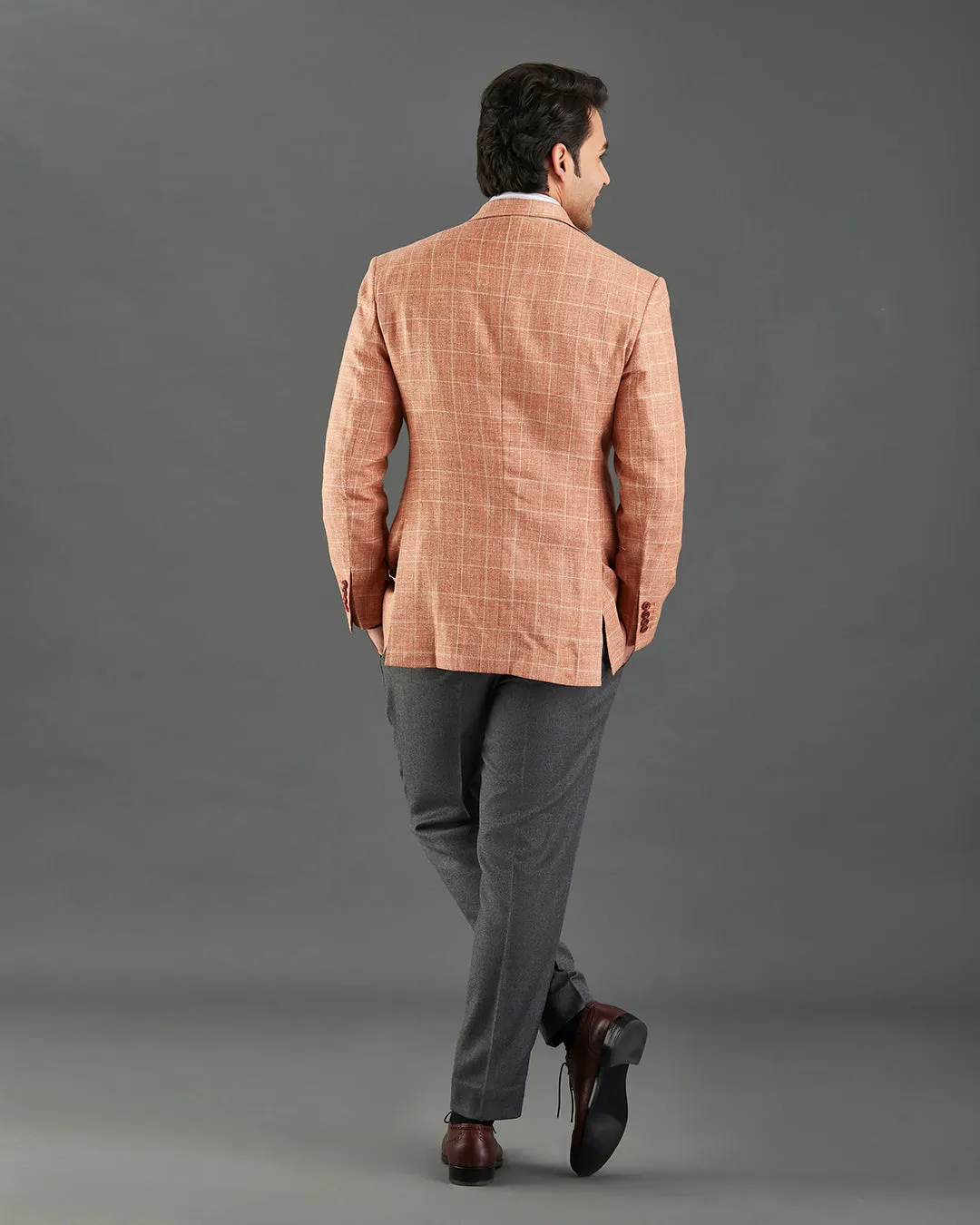 Ethomas Light Orange Beige Windowpane Plaid Jacket