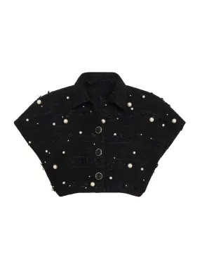 Faux Pearl-Embellished Cropped Vest in Black