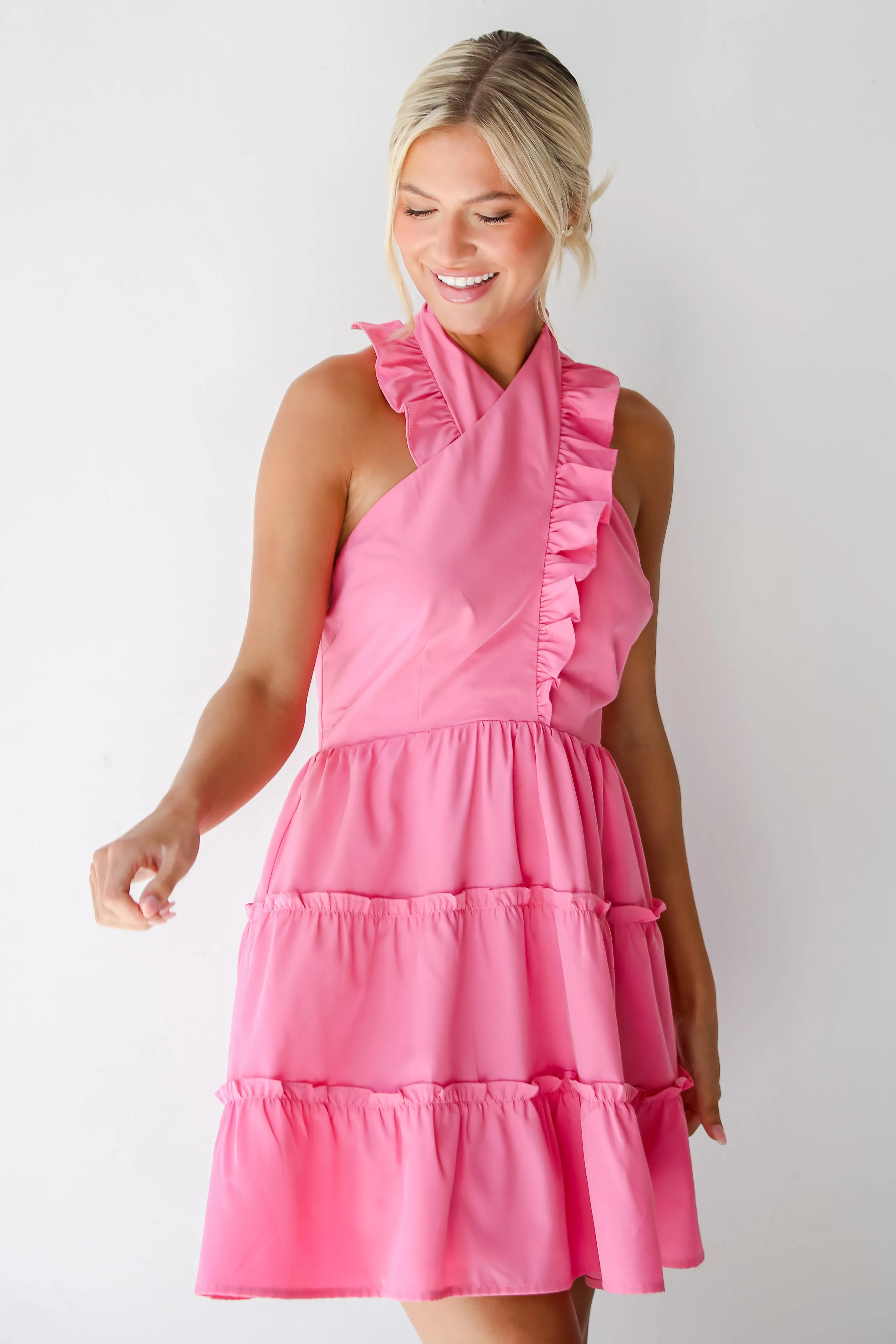 FINAL SALE - Cutest Feeling Pink Halter Ruffle Mini Dress