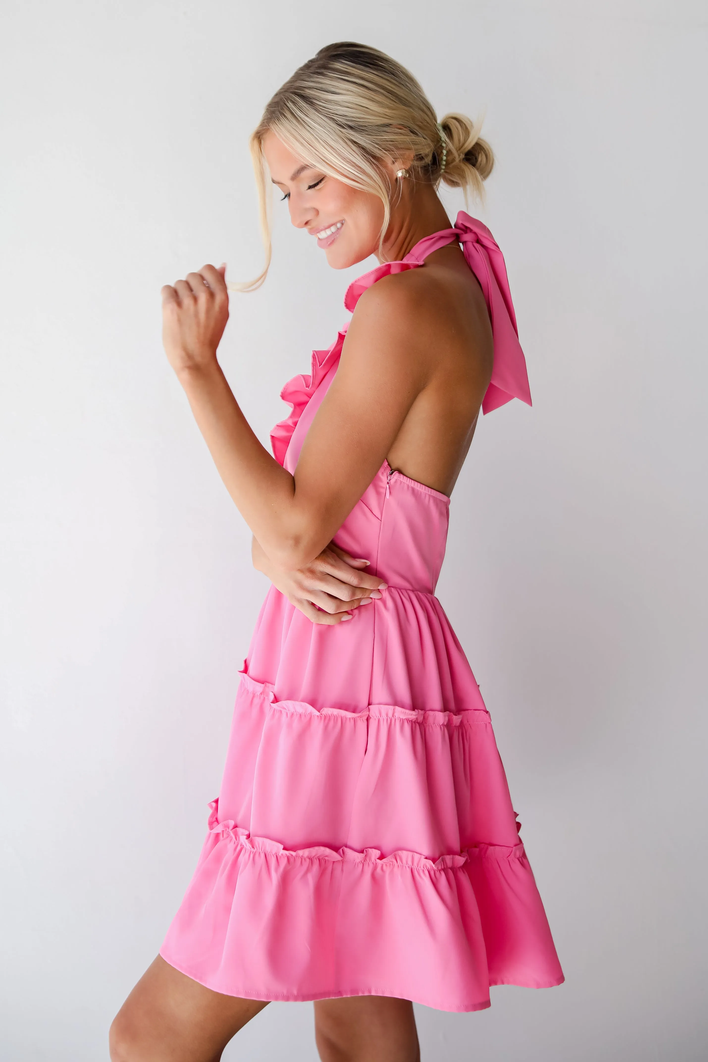 FINAL SALE - Cutest Feeling Pink Halter Ruffle Mini Dress