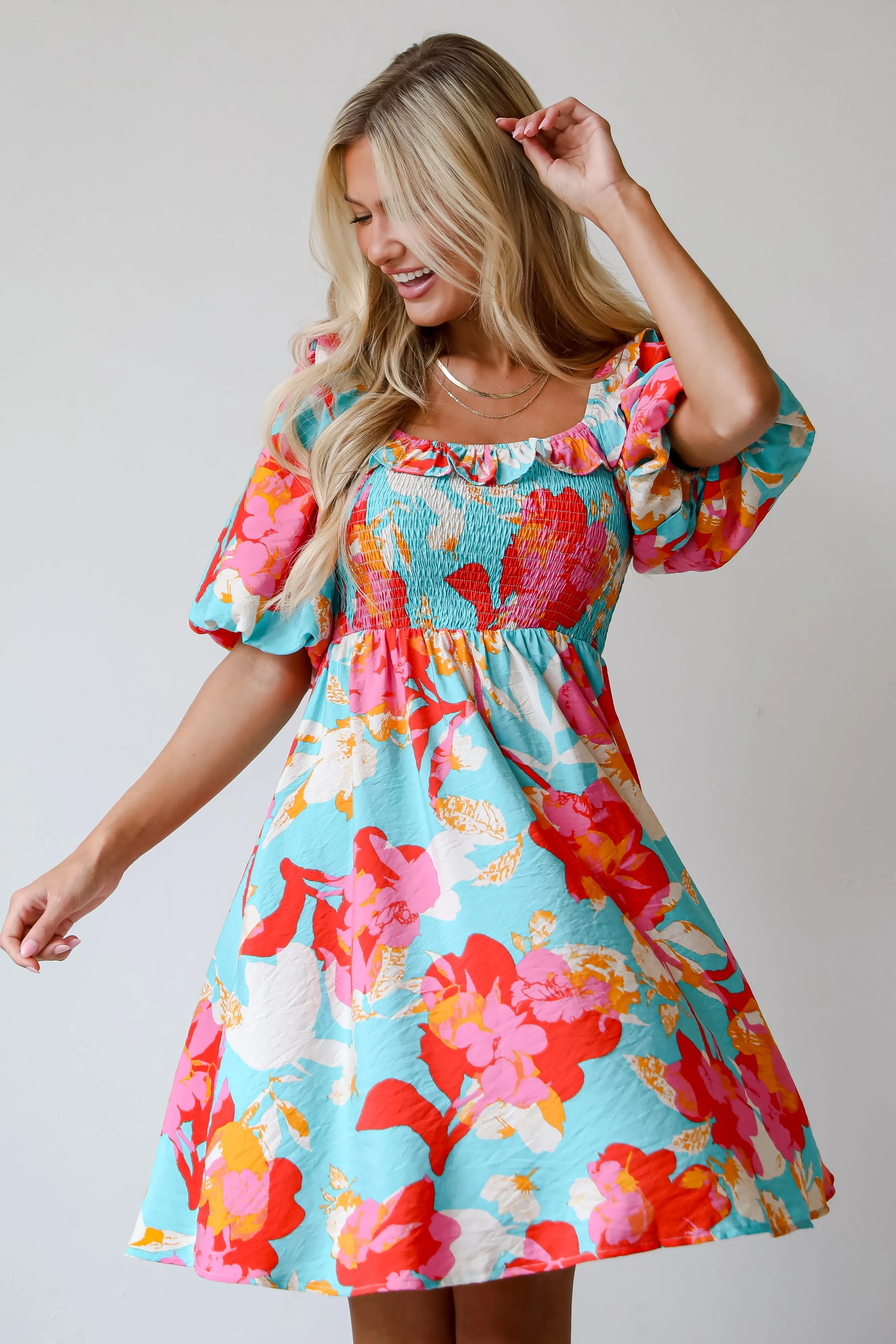 FINAL SALE - Prettiest Approach Aqua Floral Mini Dress