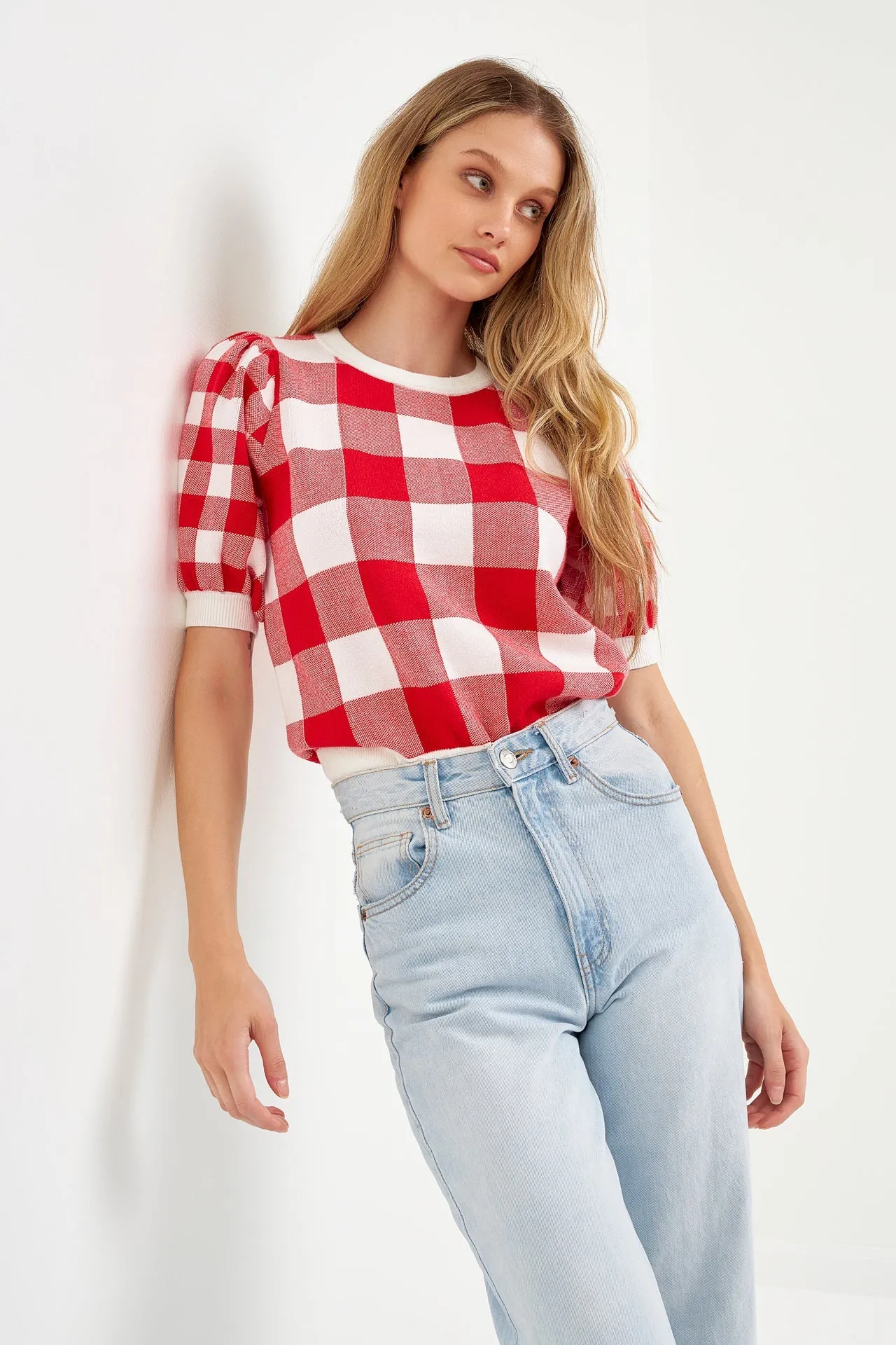 Gingham Puff Sleeve Knit Top