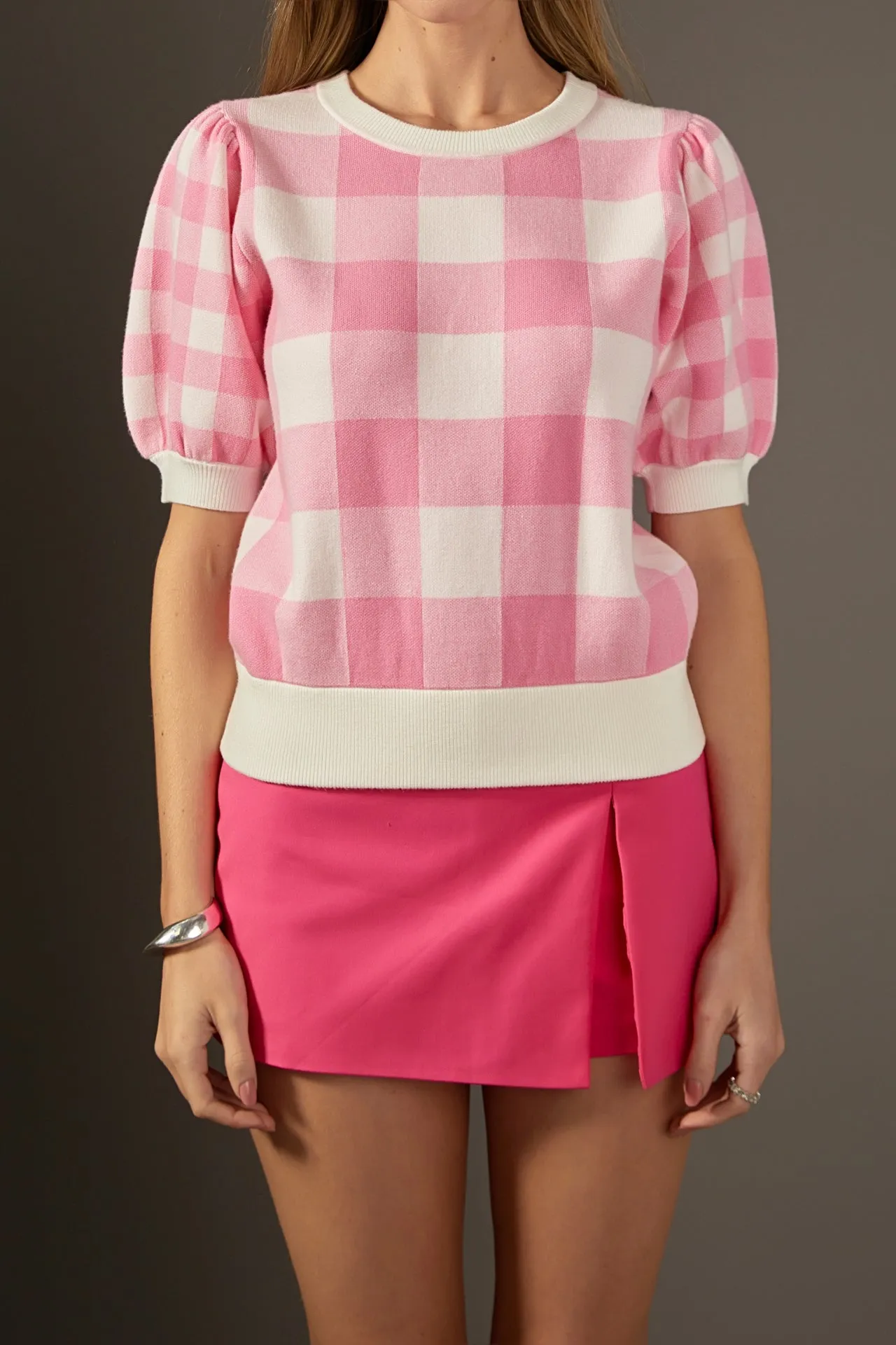 Gingham Puff Sleeve Knit Top