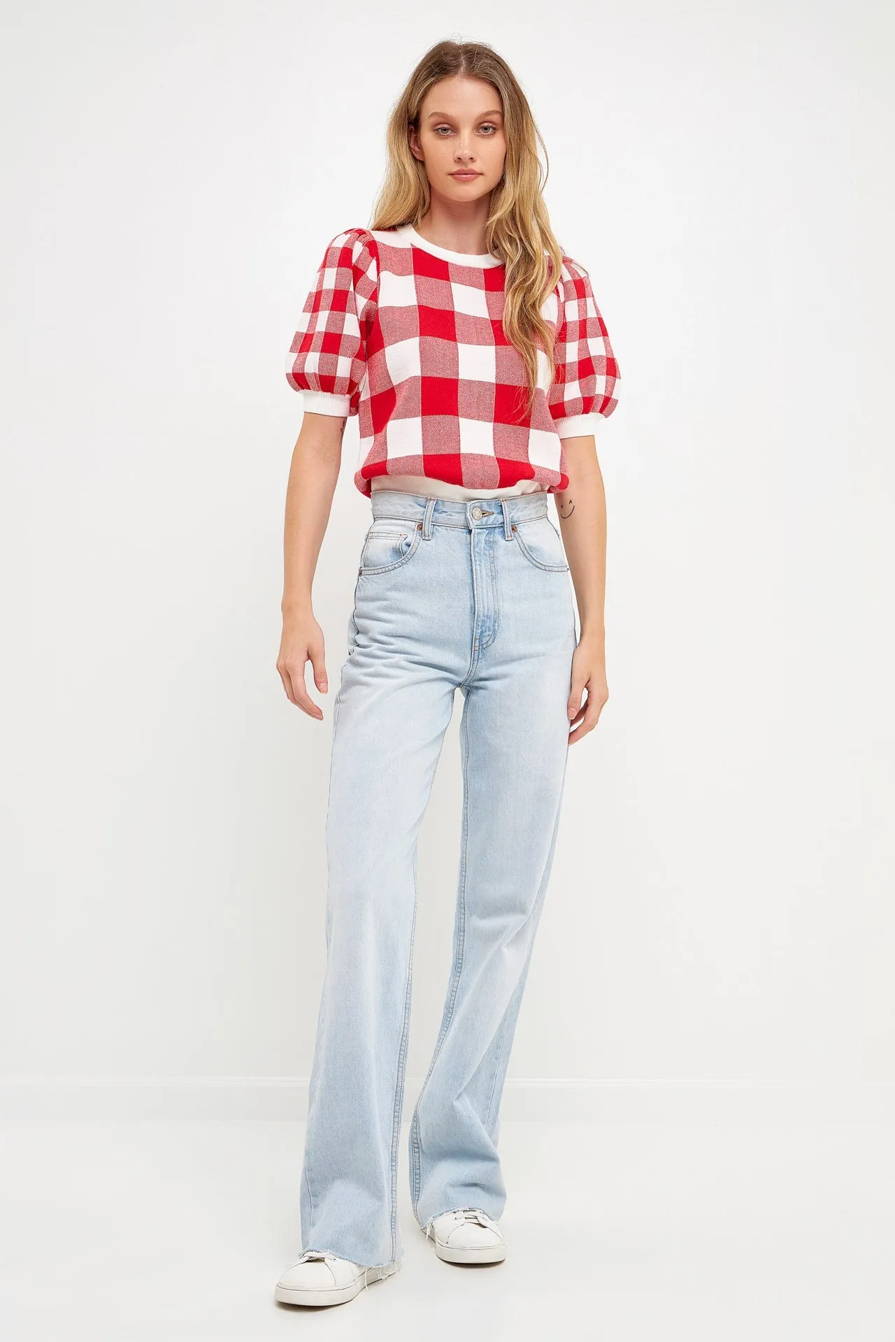 Gingham Puff Sleeve Knit Top