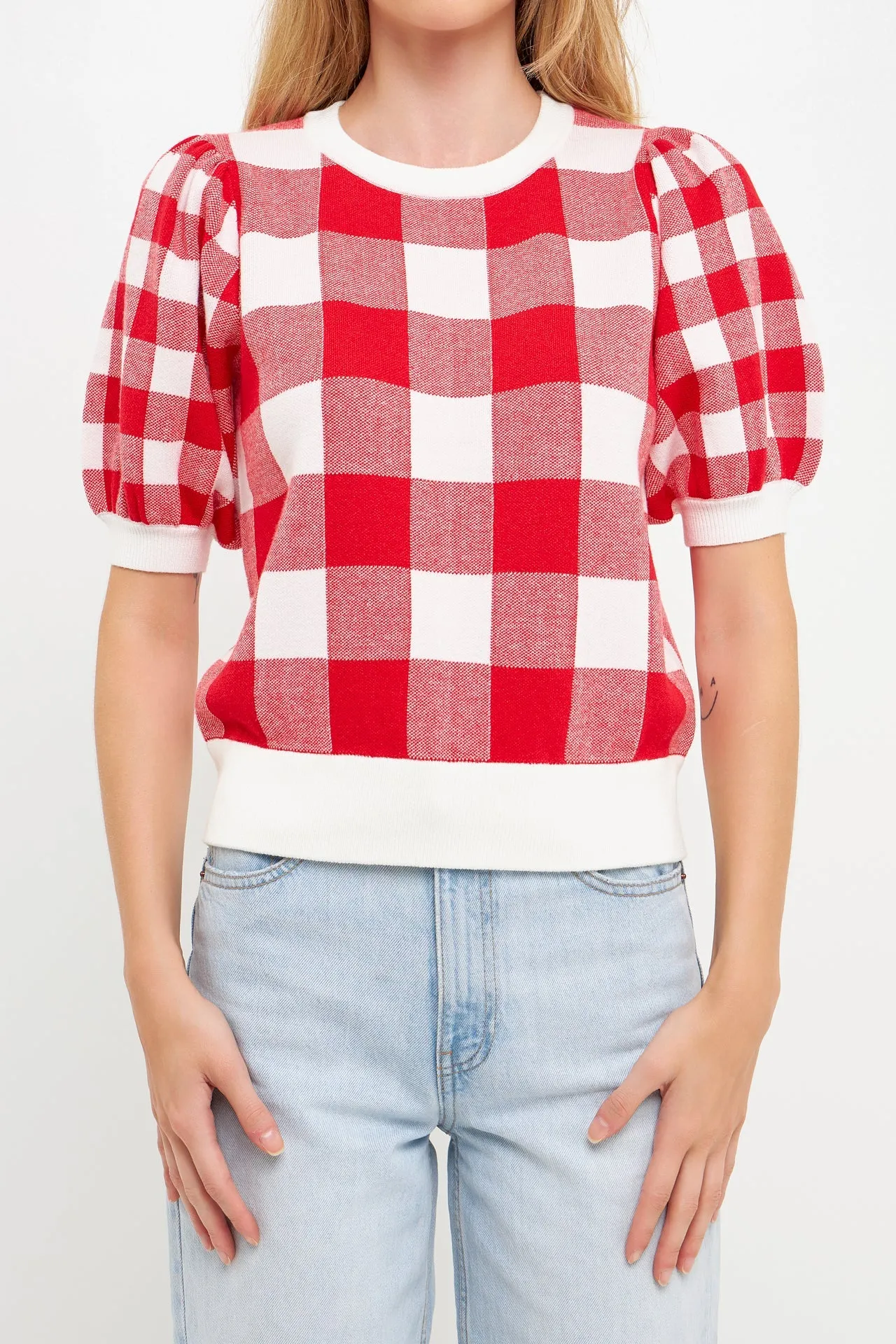 Gingham Puff Sleeve Knit Top