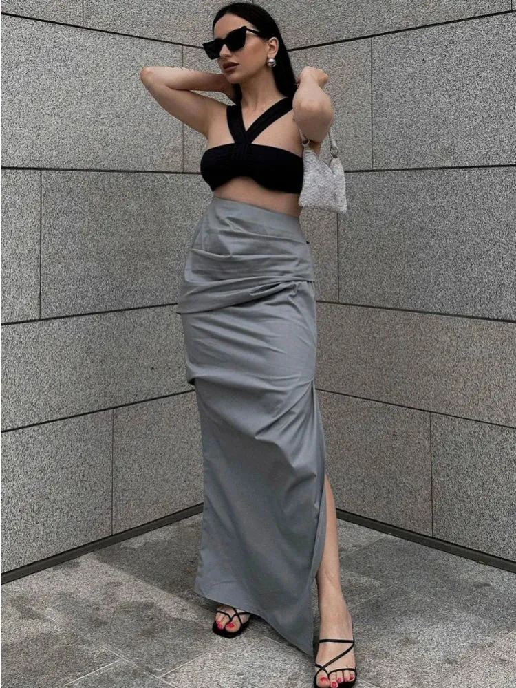 Girlary Summer For Women Split Y2K Pencil Skirts Bodycon High Waist Solid Fashion Ladies Streetwear Pleated Irregular Maxi Skirt