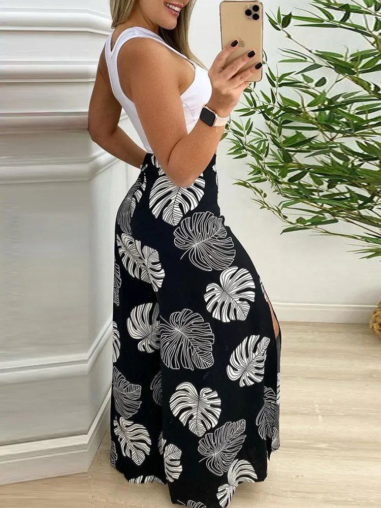 Graduation Gifts  Two Piece Suit Sets Summer Women Casual Beach Wear Solid Sleeveless Cut-out Tank Top & Tropical Print Split Wide Leg Pants Set