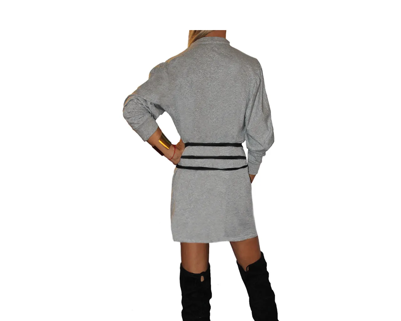 Gray lace-up bell sleeve dress  - The Aspen