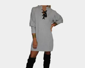 Gray lace-up bell sleeve dress  - The Aspen