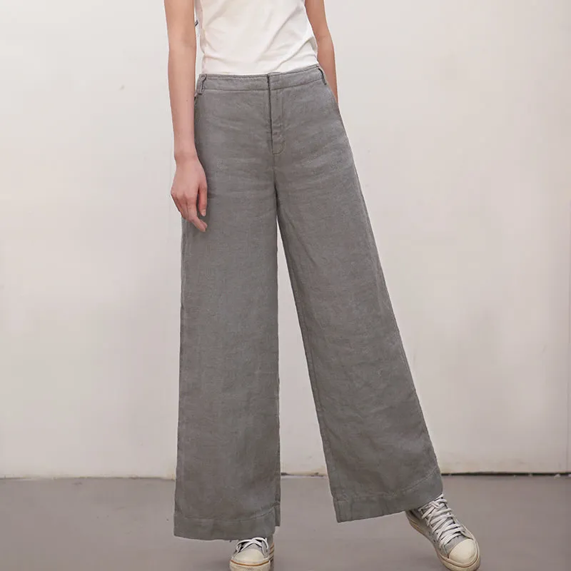 Gray Women Casual Wide Leg Linen Pants BZ981107