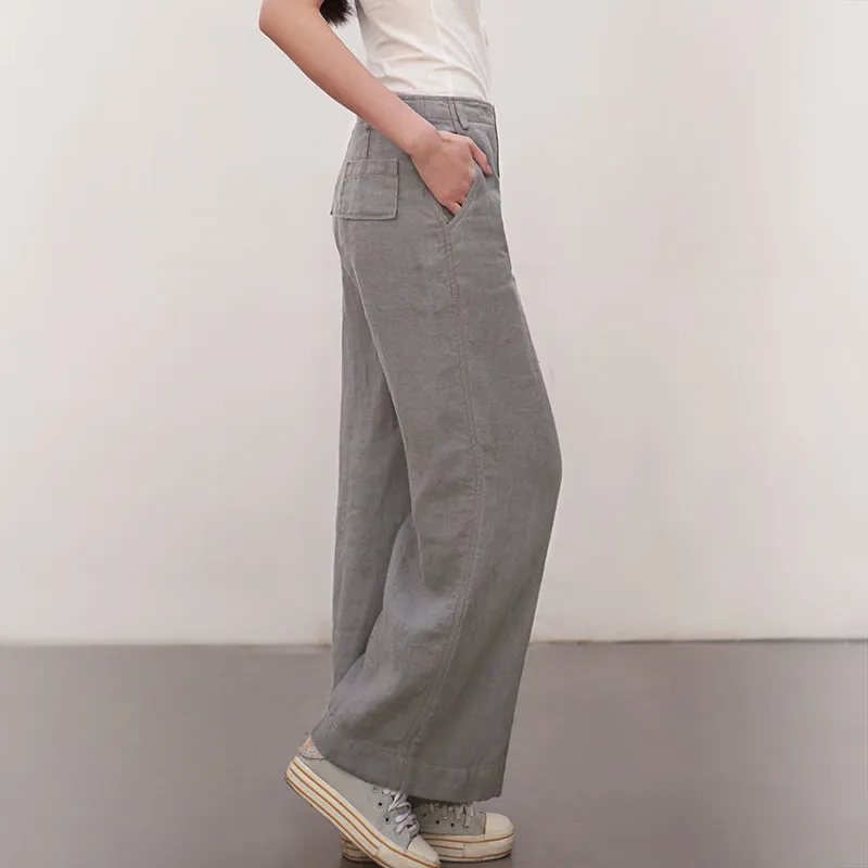 Gray Women Casual Wide Leg Linen Pants BZ981107