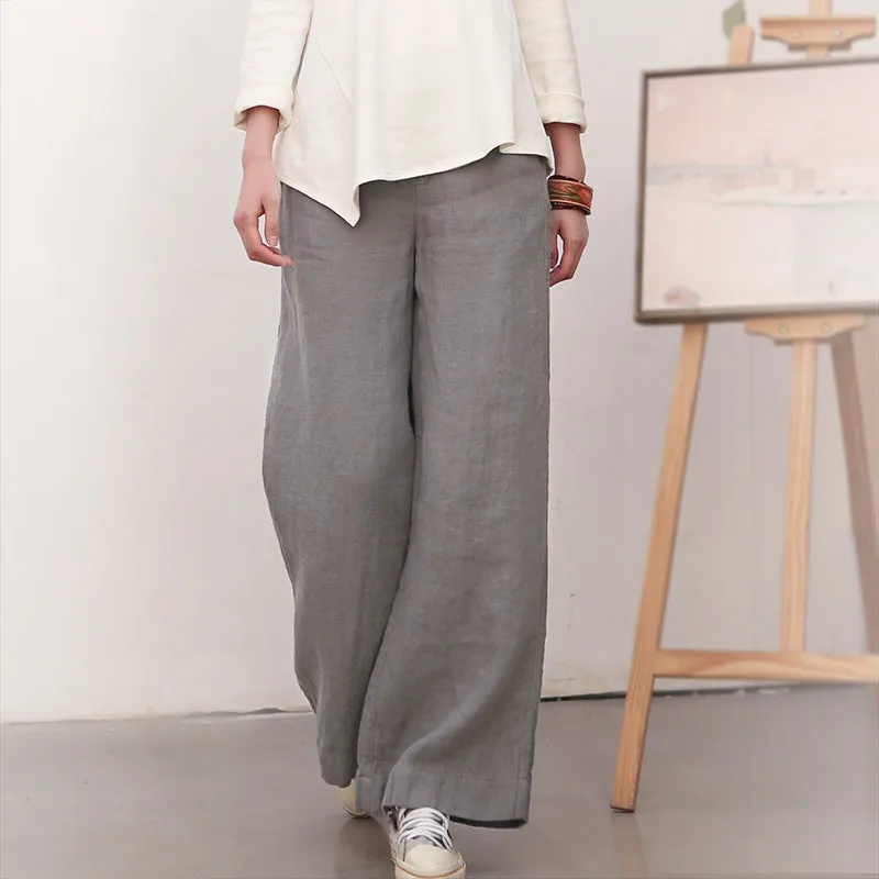 Gray Women Casual Wide Leg Linen Pants BZ981107