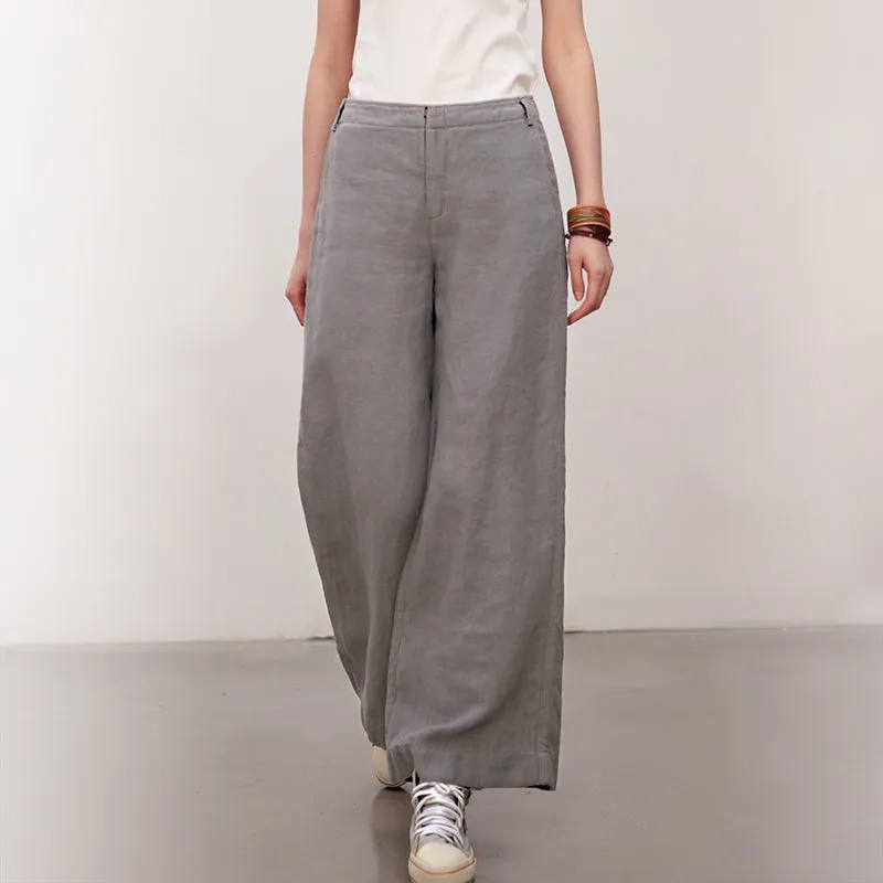 Gray Women Casual Wide Leg Linen Pants BZ981107