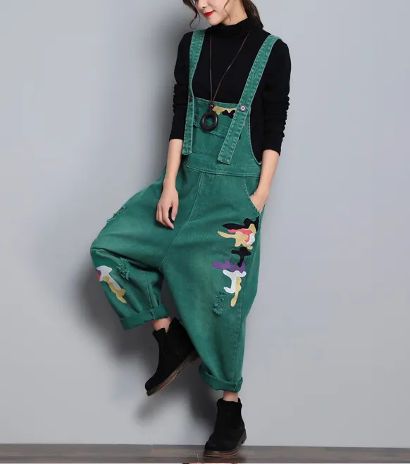 Green Denim Casual Spring Denim Overall Women Jumpsuits QY08